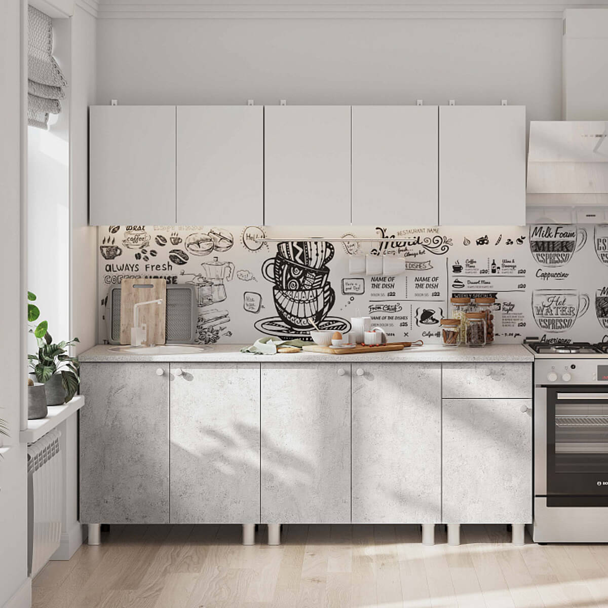 Кухонный гарнитур "КГ - 1(2000)" Белый/Белый/Цемент светлый/Антарес