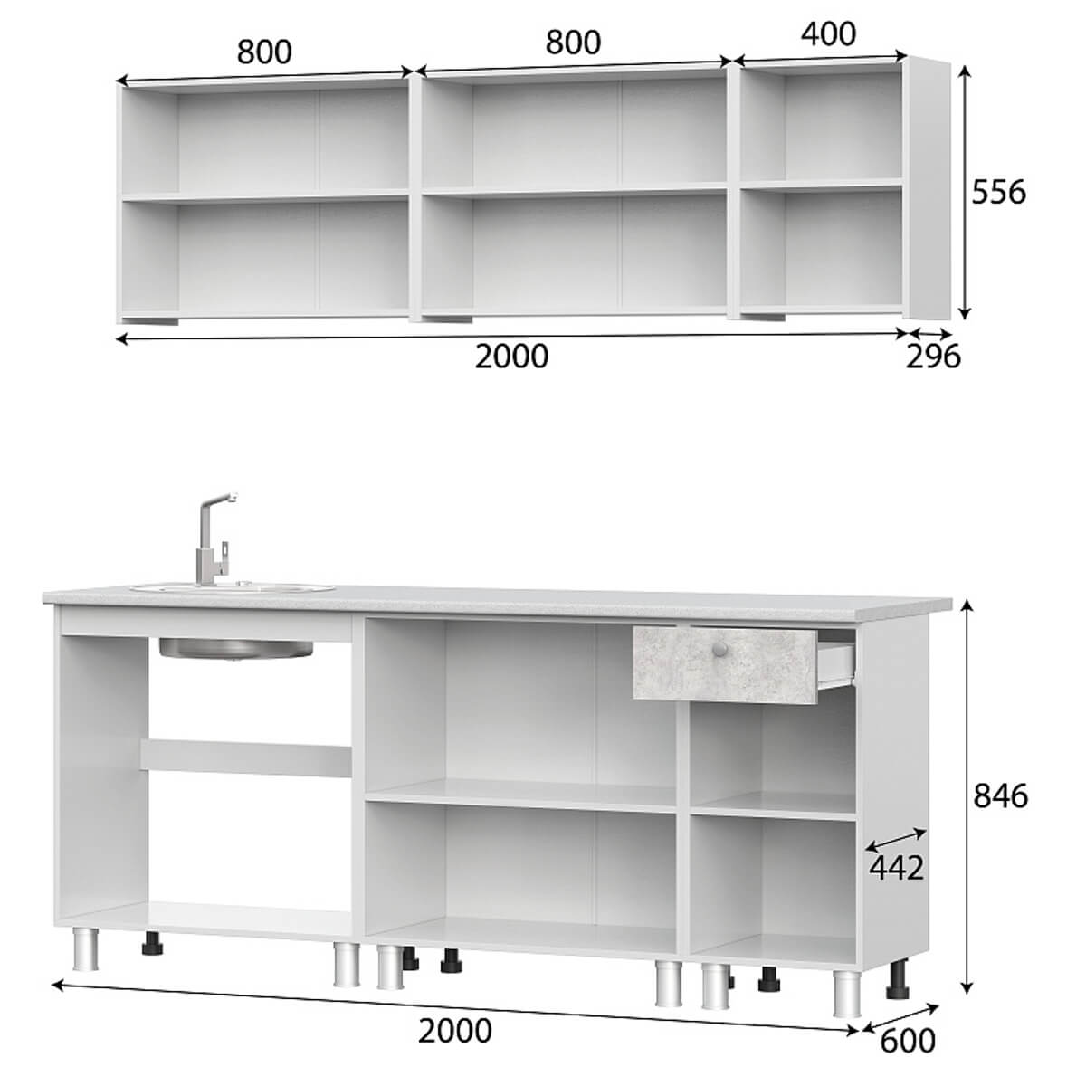 Кухонный гарнитур "КГ - 1(2000)" Белый/Белый/Цемент светлый/Антарес