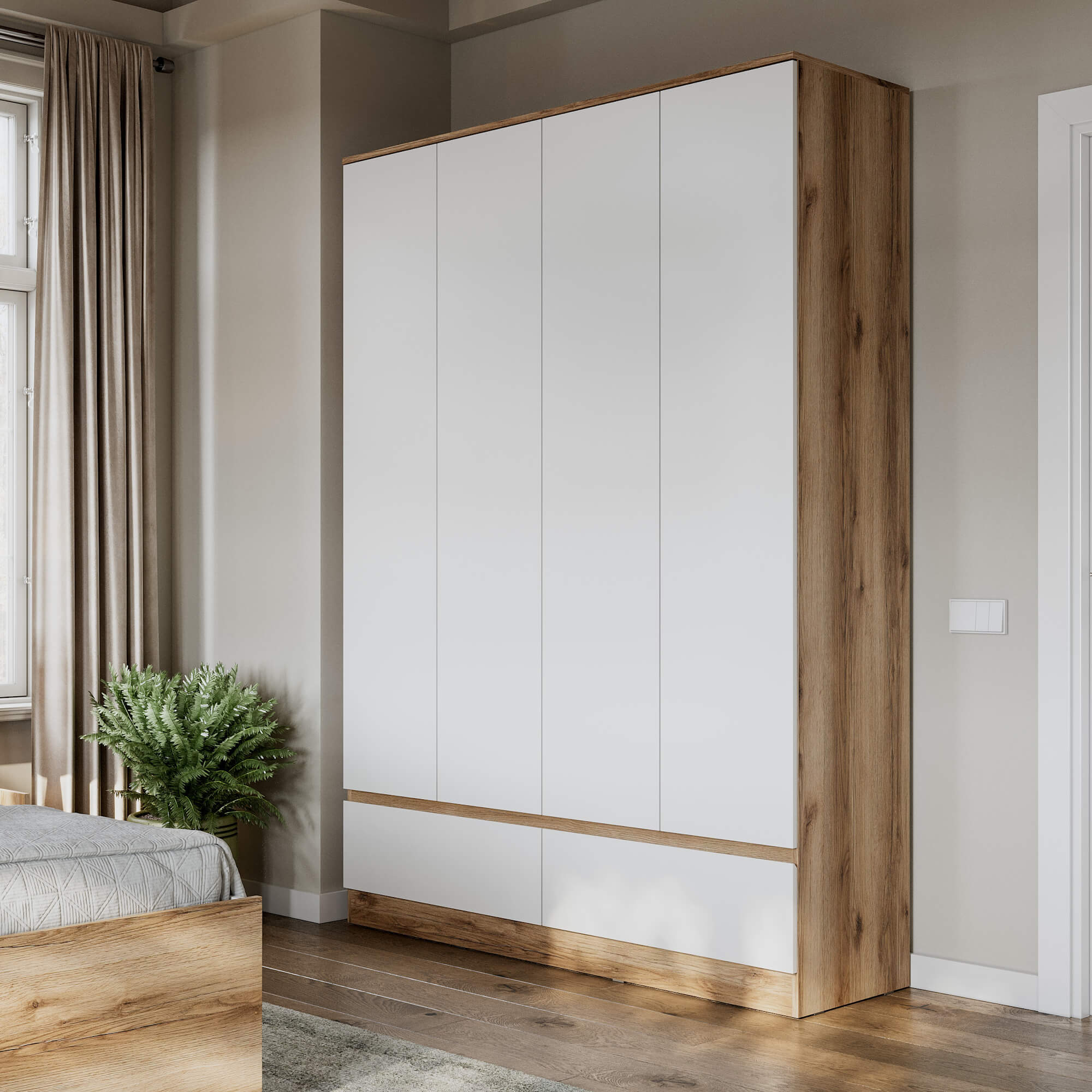 МС "Брауни" Шкаф четырехстворчатый (с ящиками) Дуб Делано/Белый