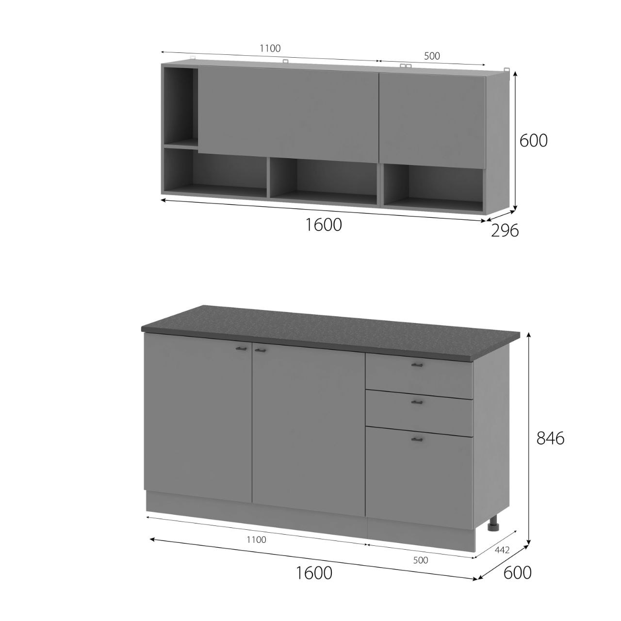 Кухонный гарнитур "Энни" (1,6 м) графит серый/черный
