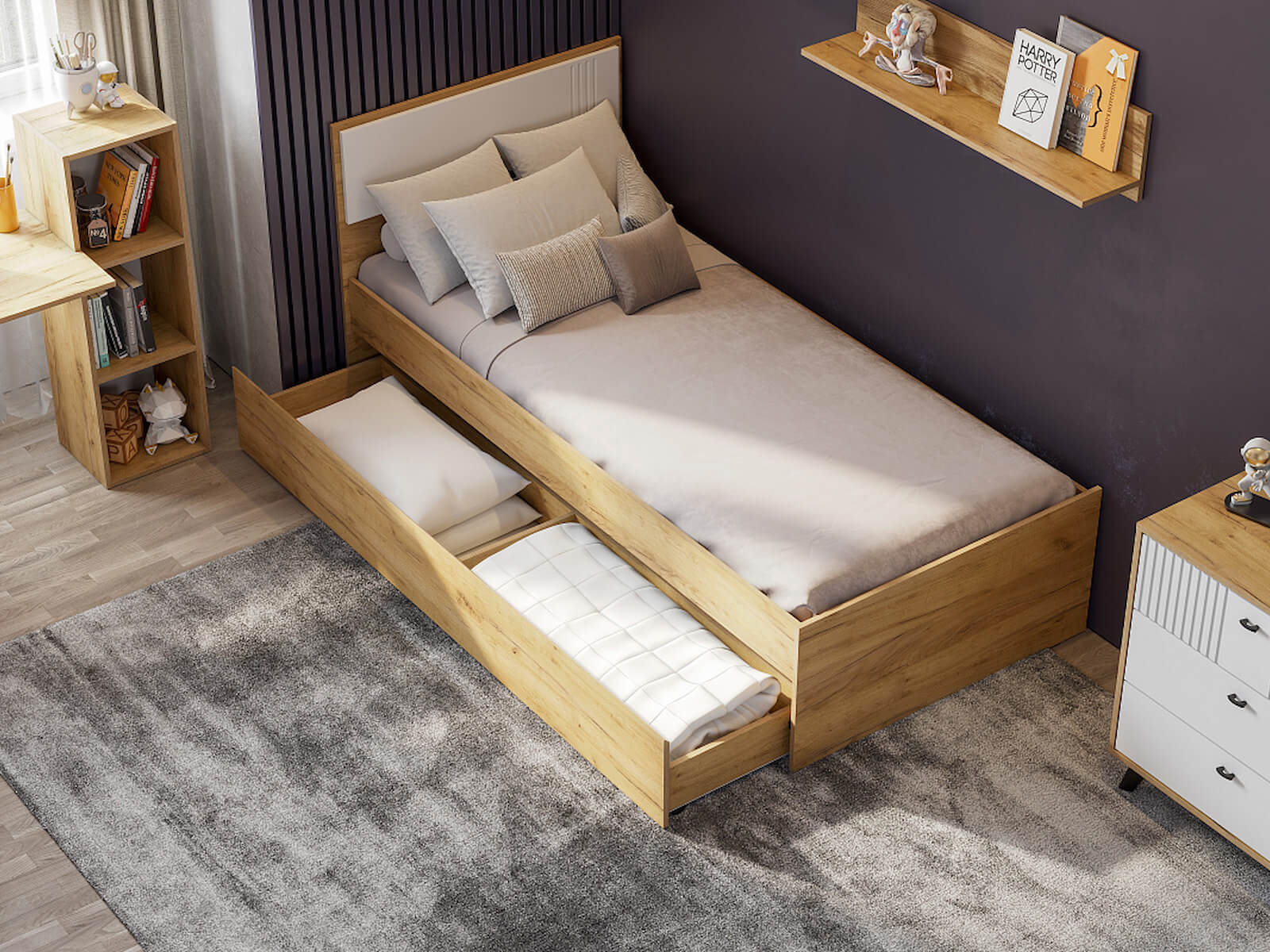 МС "Милан" Кровать одинарная (0,9*2,0) Дуб Золотой/Белый Матовый