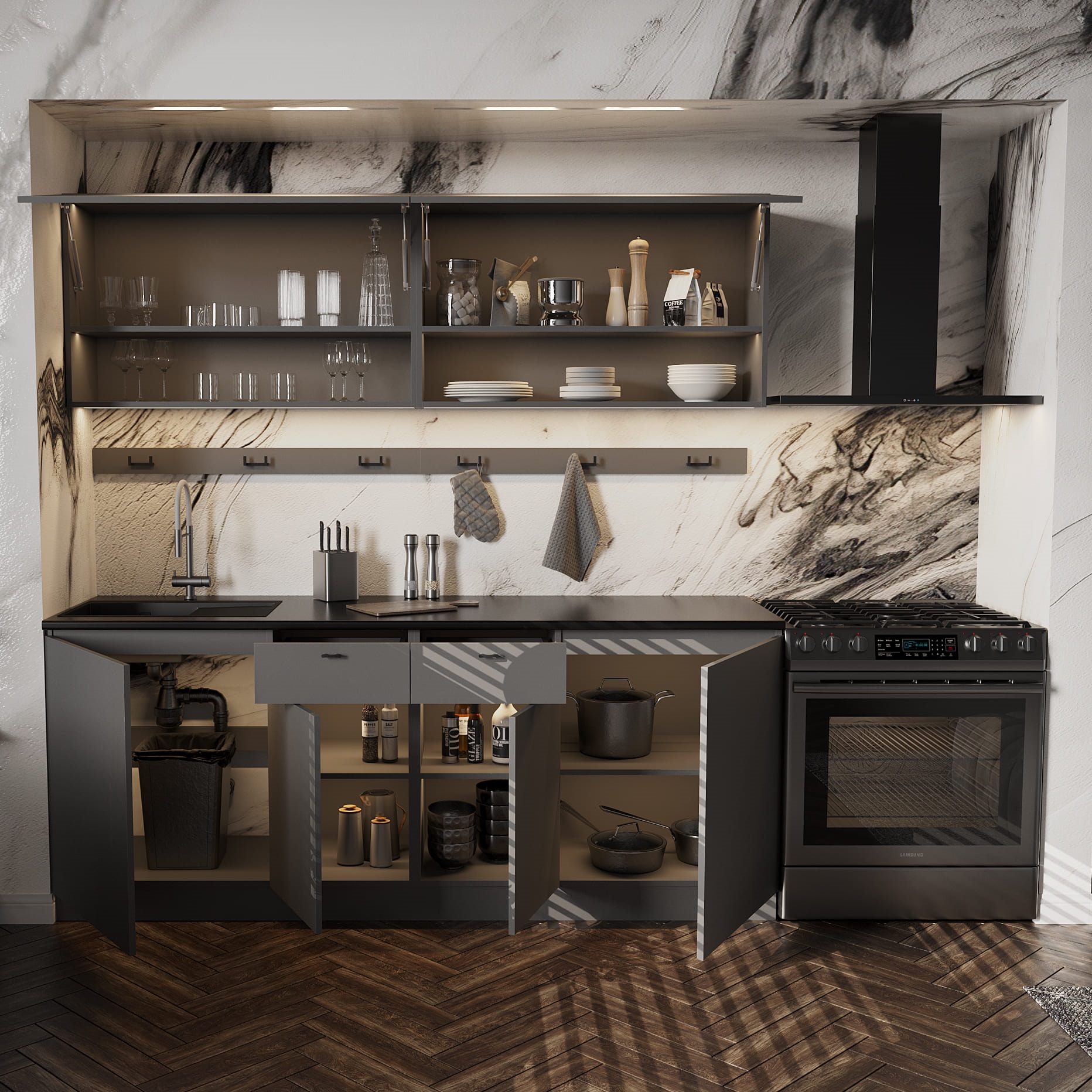 Кухонный Гарнитур "Энни" (2,0 м) Графит серый/Черный