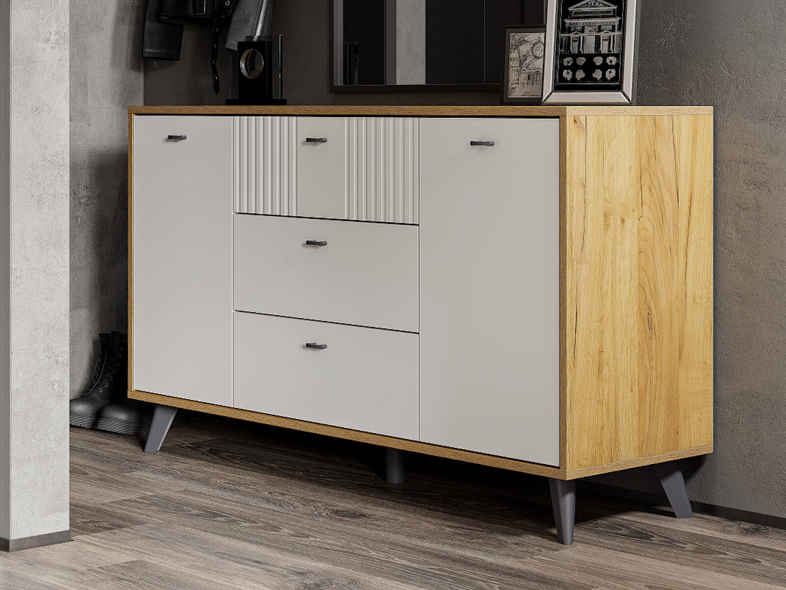 МС "Милан" Комод 3 ящика двухстворчатый Дуб Золотой/Белый матовый